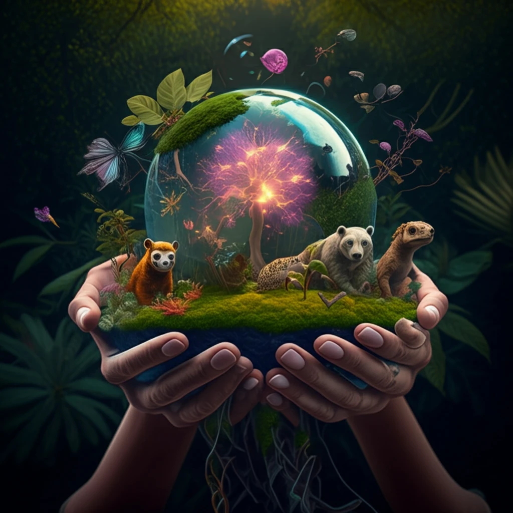 Hands cradling a diverse ecosystem, symbolizing prosocial incentives in biodiversity conservation.
