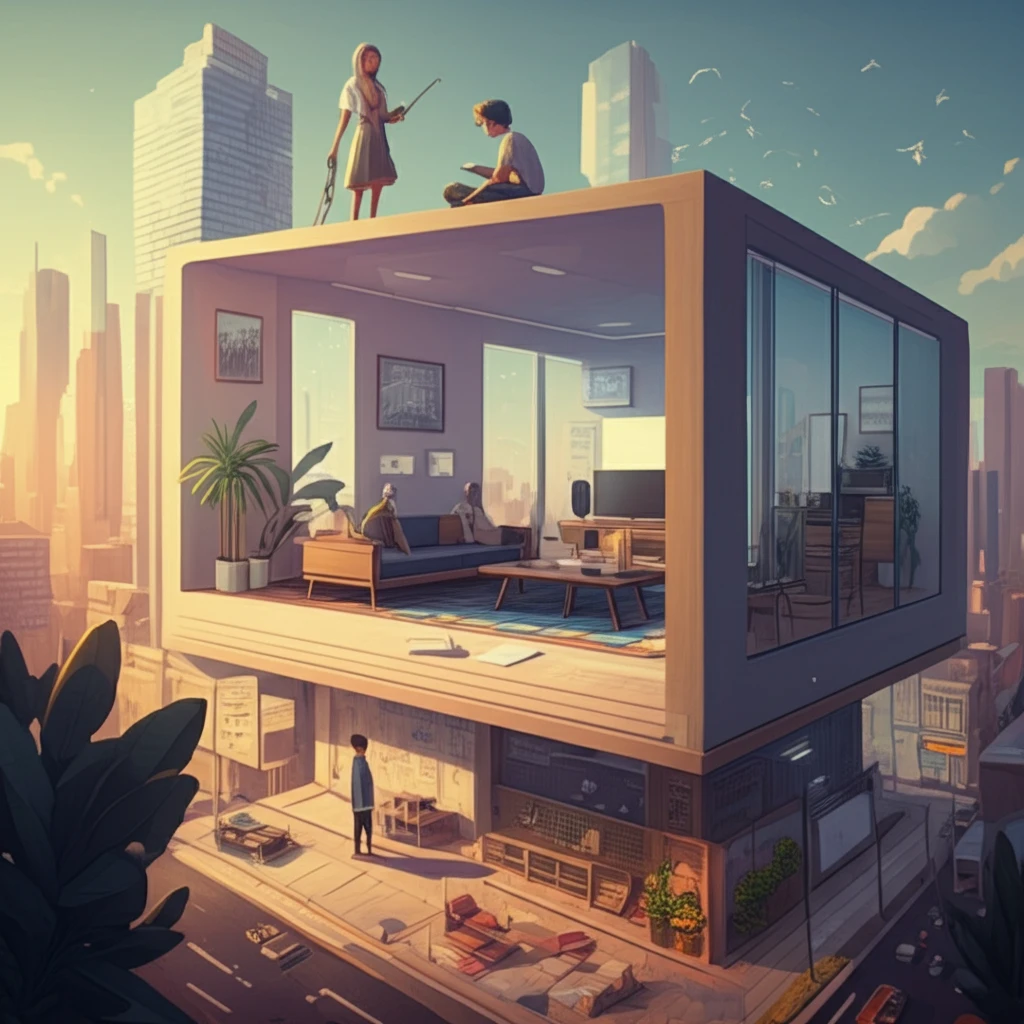 Surreal cityscape blending with a home interior, symbolizing the integration of work and life in the remote era.