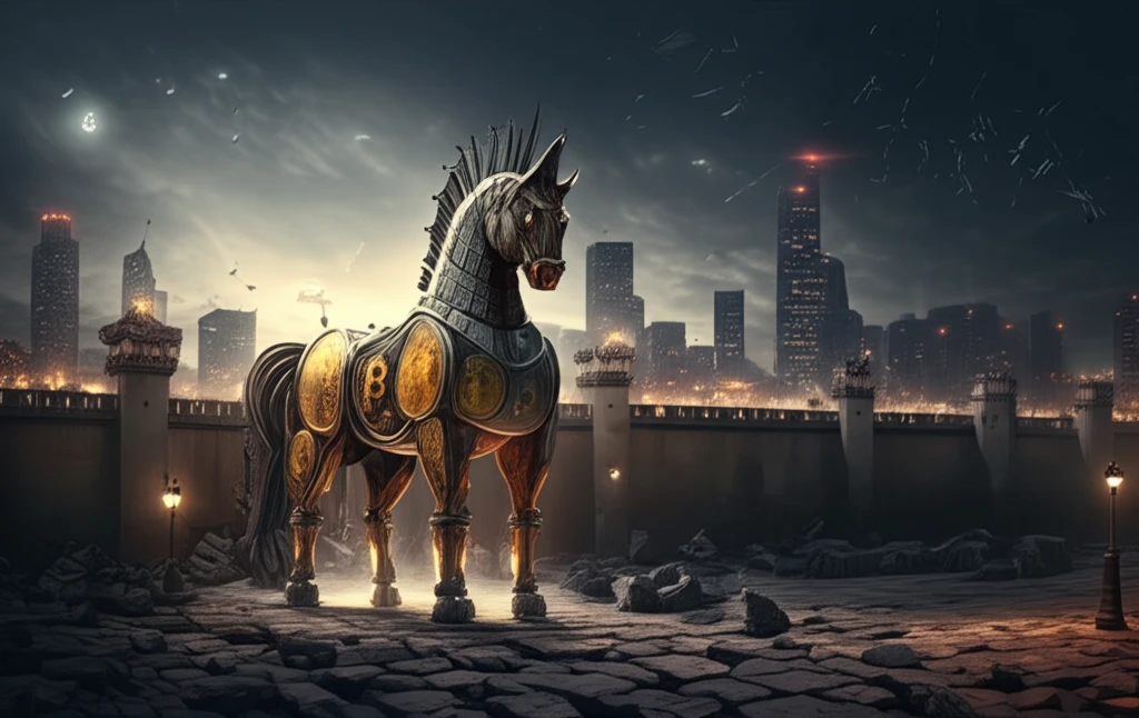 Trojan horse made of cryptocurrency symbols infiltrating a walled city