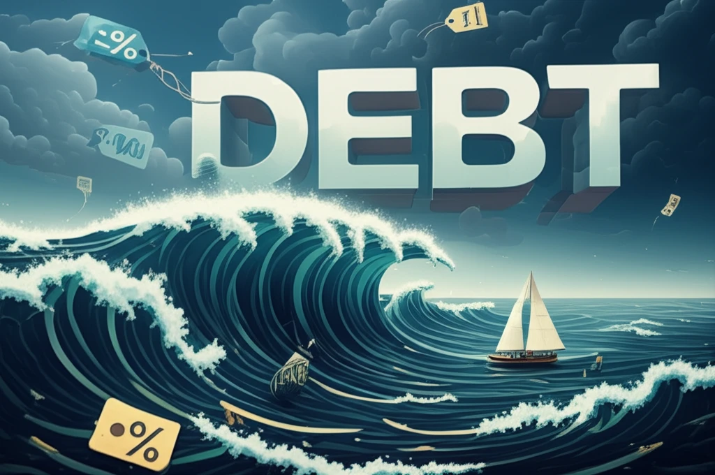 Surreal illustration of a sailboat navigating a stormy ocean of debt, symbolizing individual financial journeys amidst economic uncertainty.