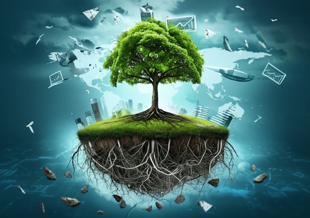 A world map transforming into a healthy green tree, with statistical graphs forming the roots.