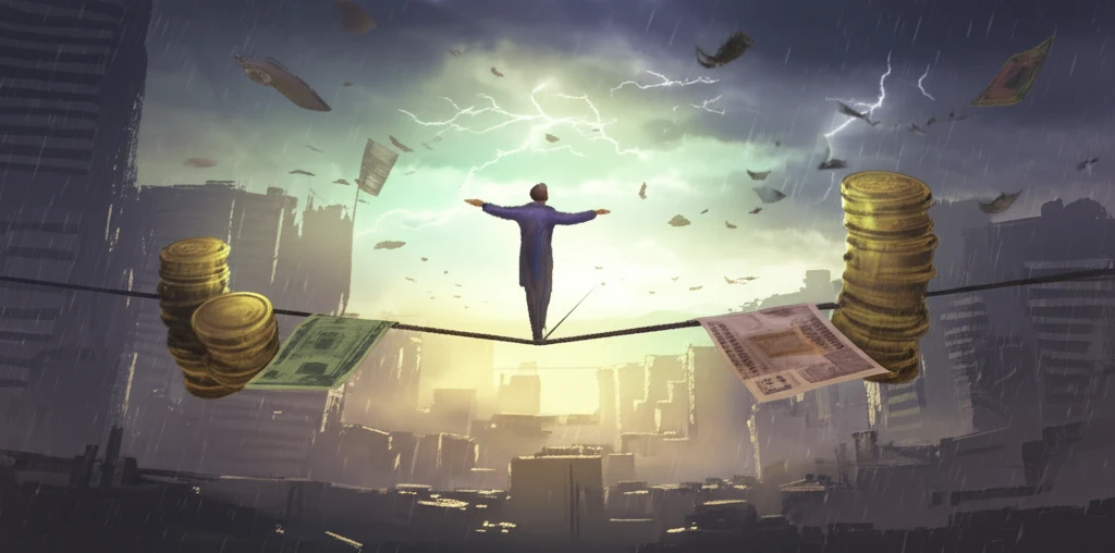 Tightrope walker balancing coins and banknotes on a wire.