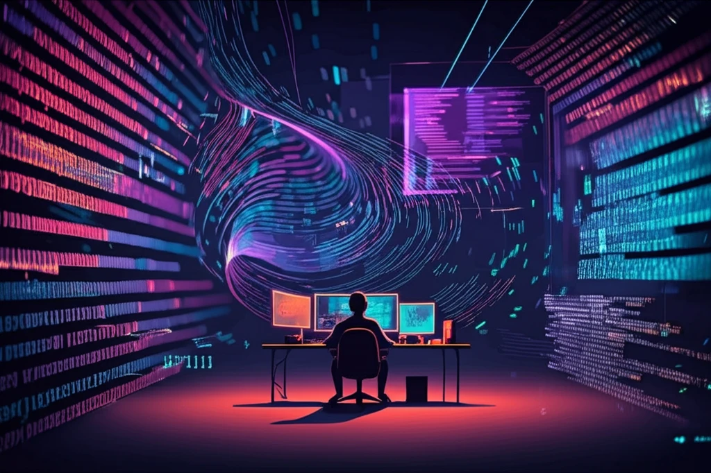 Surreal illustration of coder with swirling AI code and productivity graphs.