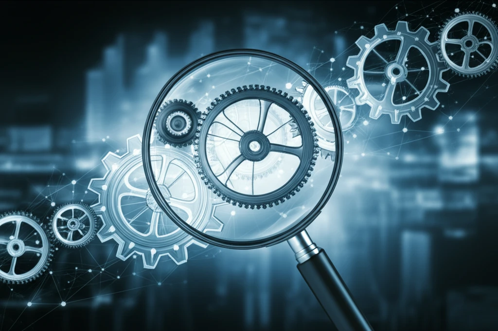 Magnifying glass examining clear and foggy gears, representing clarity in mediation analysis.
