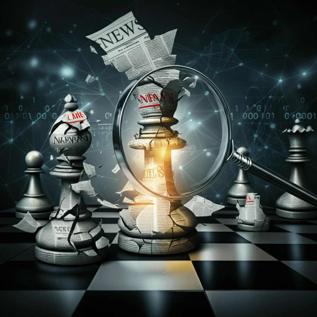 Chessboard of news articles, fake news, misinformation, and factchecking pieces