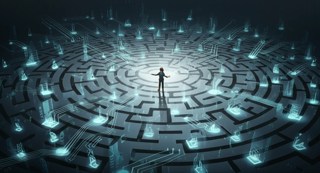 Digital illustration of a person navigating a maze of data and ethical choices, representing ethical persuasion.