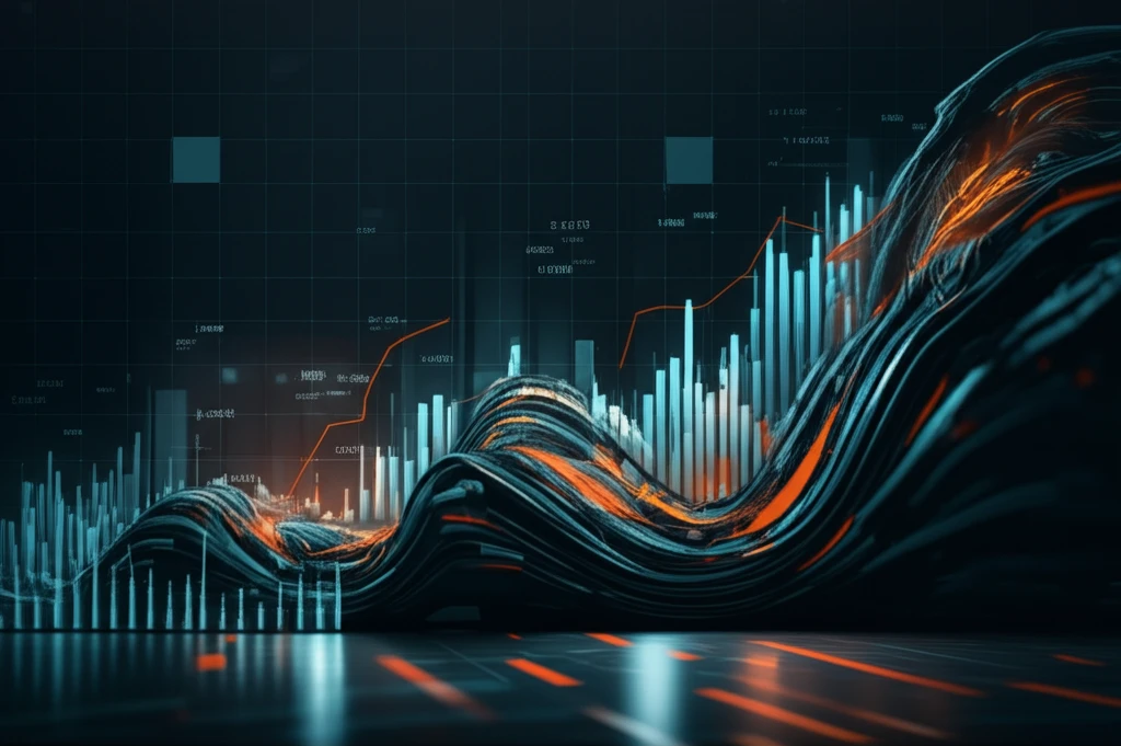 Financial market chart morphing into a dynamic weather pattern representing intraday volatility.