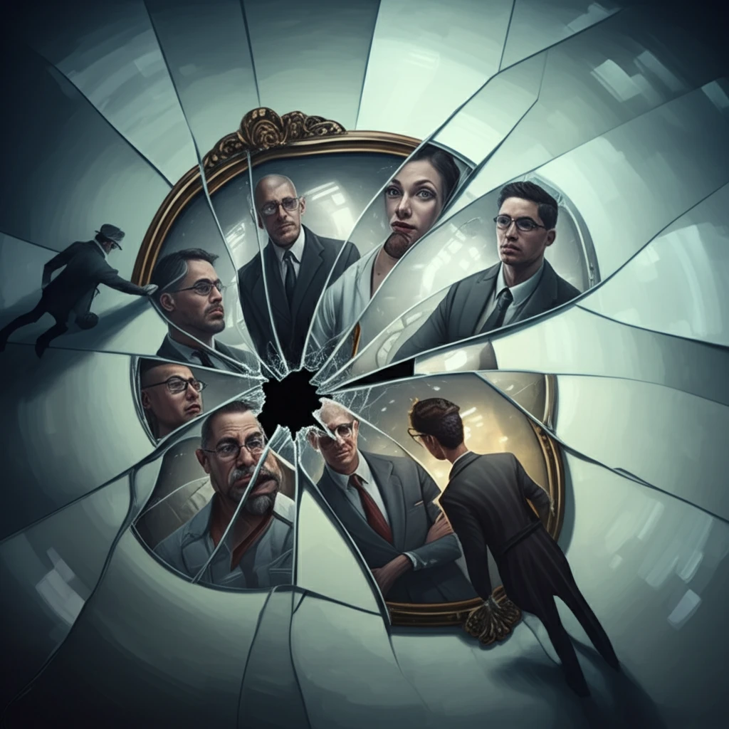 Distorted reflections in a shattered mirror symbolize bias in AI.