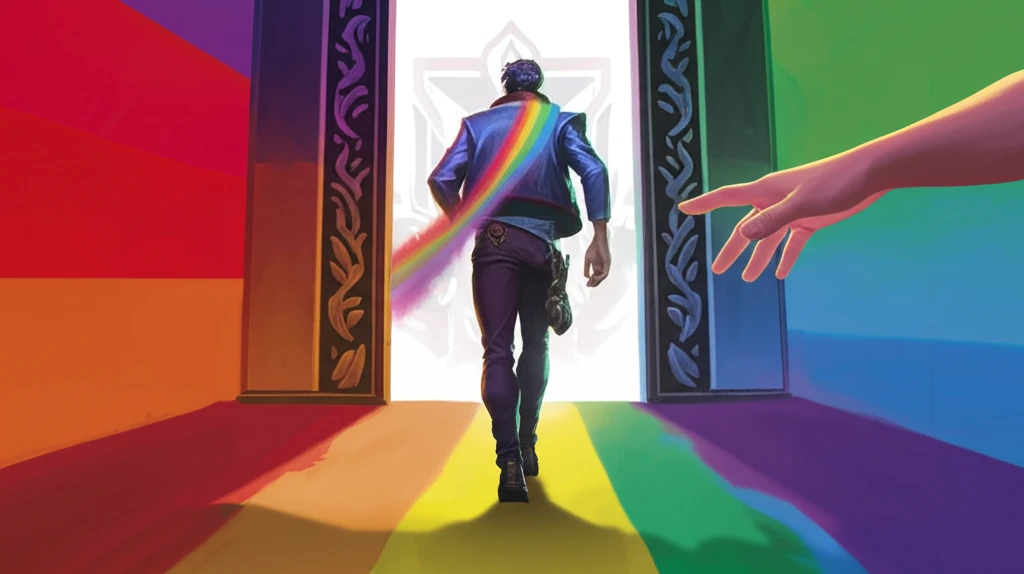 LGBTQ+ character walking from a Pride colorful world to the black and white