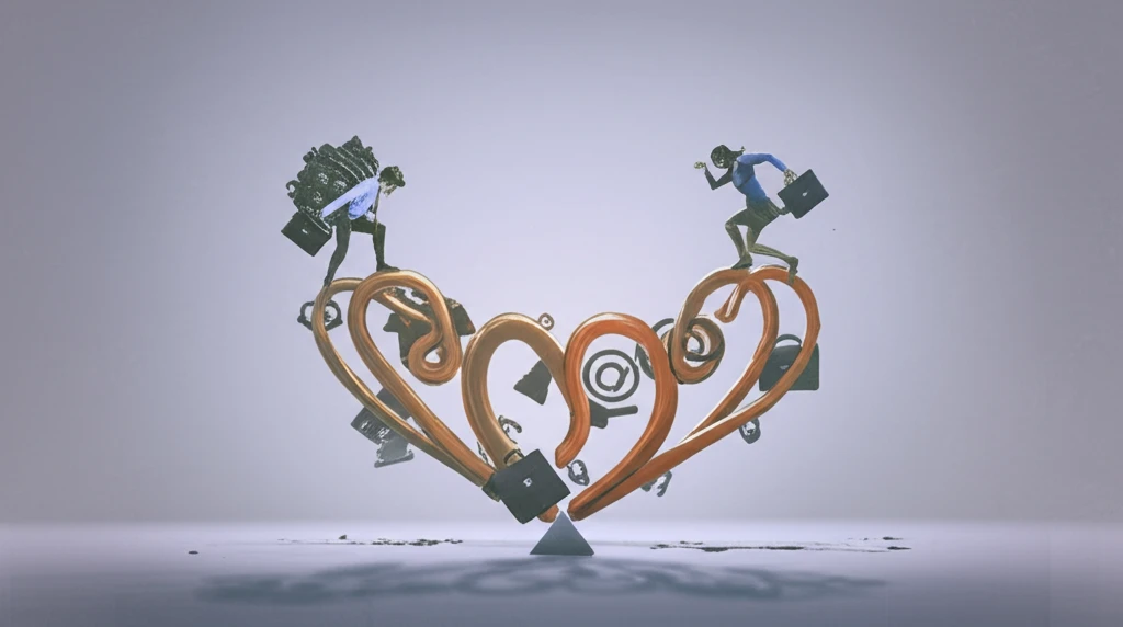 Balancing act: a surreal illustration of modern relationship challenges.