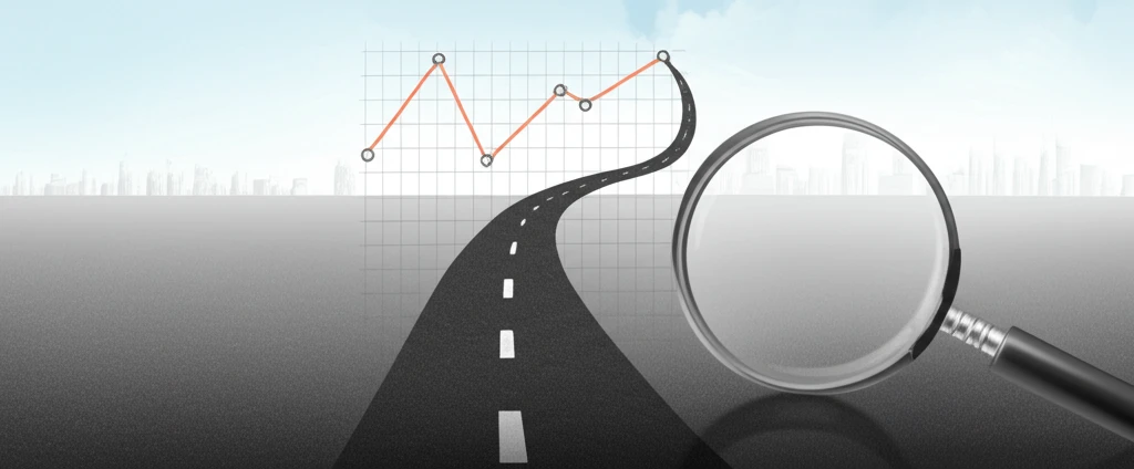 Winding road to city graph with magnifying glass highlighting data point.