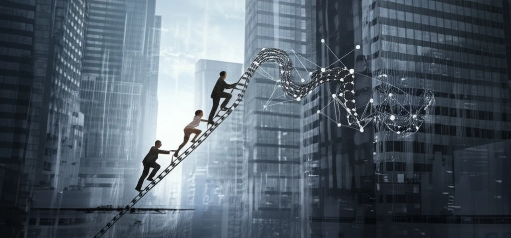 Stylized illustration of figures climbing a networked ladder against a corporate skyline, symbolizing the complex interplay of social status and career advancement.