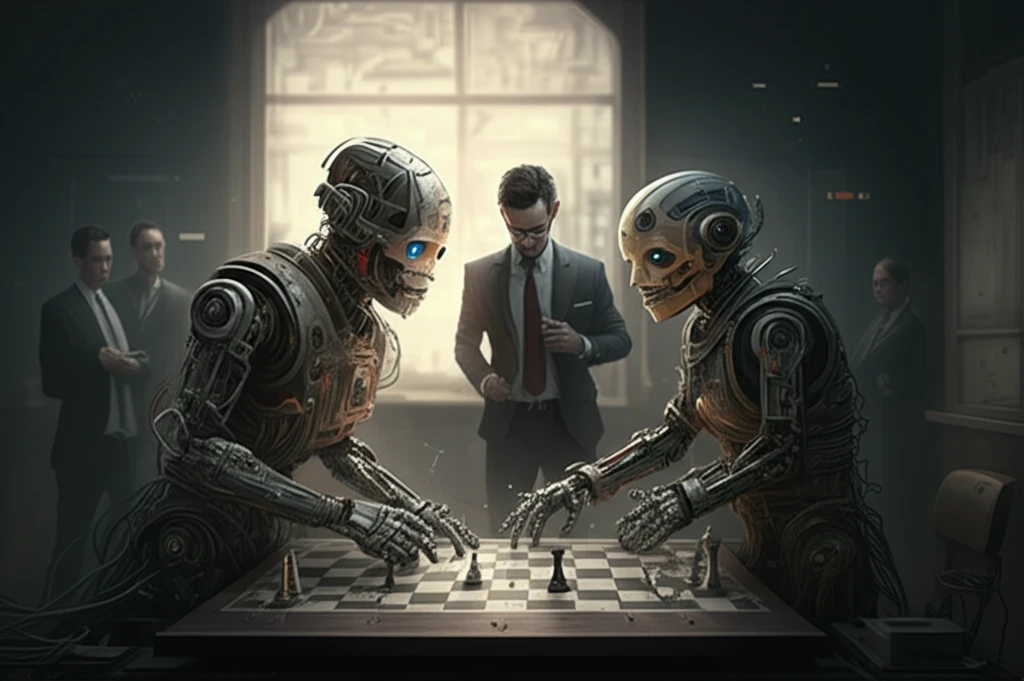 AI robots playing chess, symbolizing algorithmic collusion.