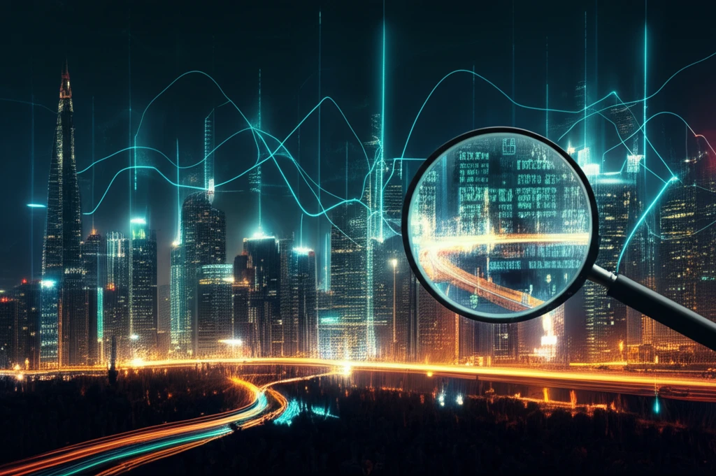 Glowing cityscape with stock prices weaving between buildings, magnifying glass highlighting matrix code.