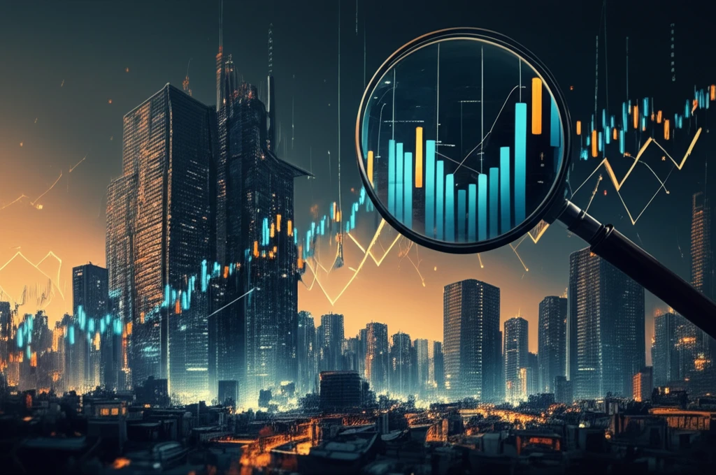 A cityscape morphing into an economic graph, showcasing market volatility.