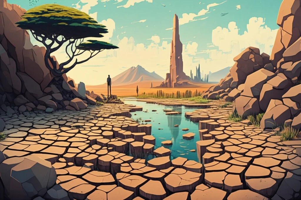 Surreal illustration of water crisis turning into water abundance