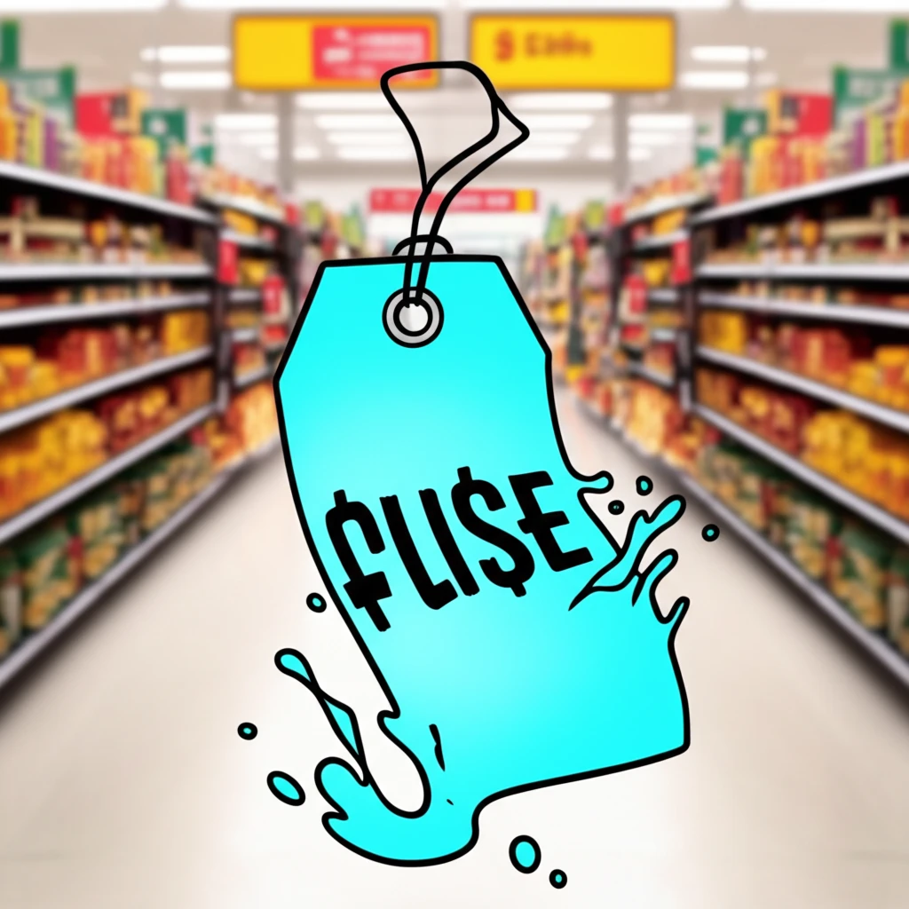 Morphing price tag in a shopping aisle, symbolizing dynamic pricing.