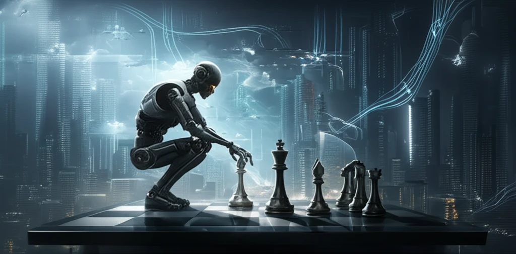 AI robots playing chess on a cityscape chessboard.