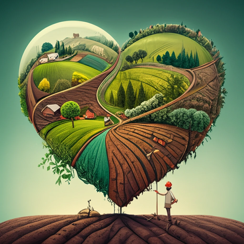 Diverse farming landscapes converging into a heart shape, symbolizing soil health and carbon sequestration.