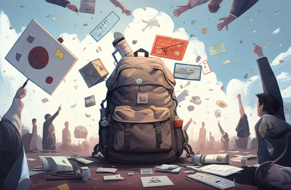 Knapsack auction illustration: A knapsack filled with resources, surrounded by auction bidders.