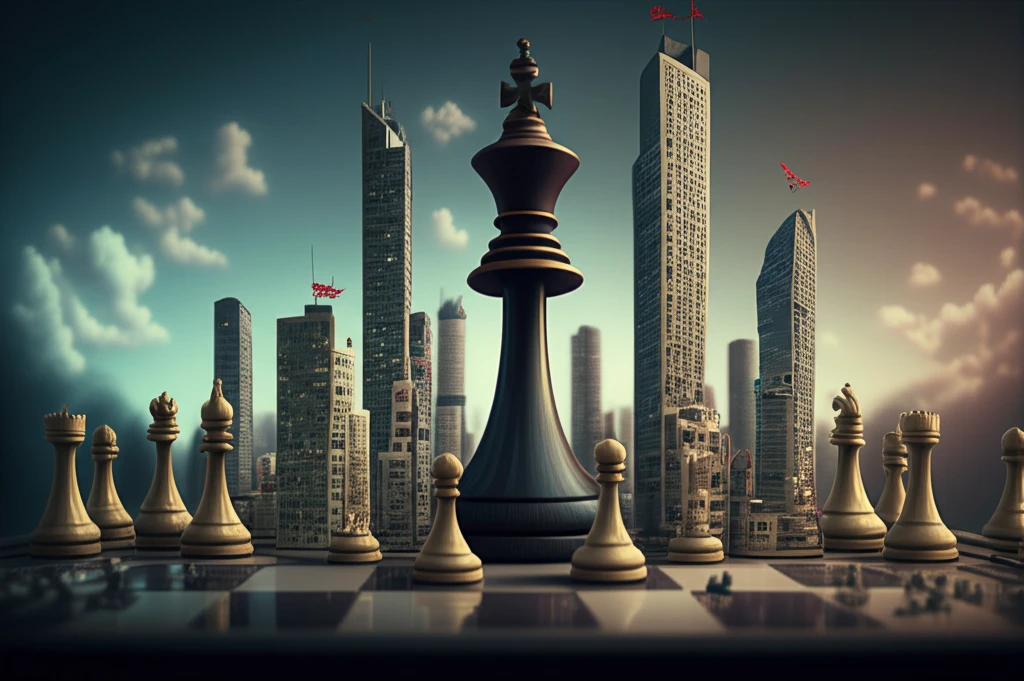 Surreal illustration of skyscraper chess pieces in a tournament.