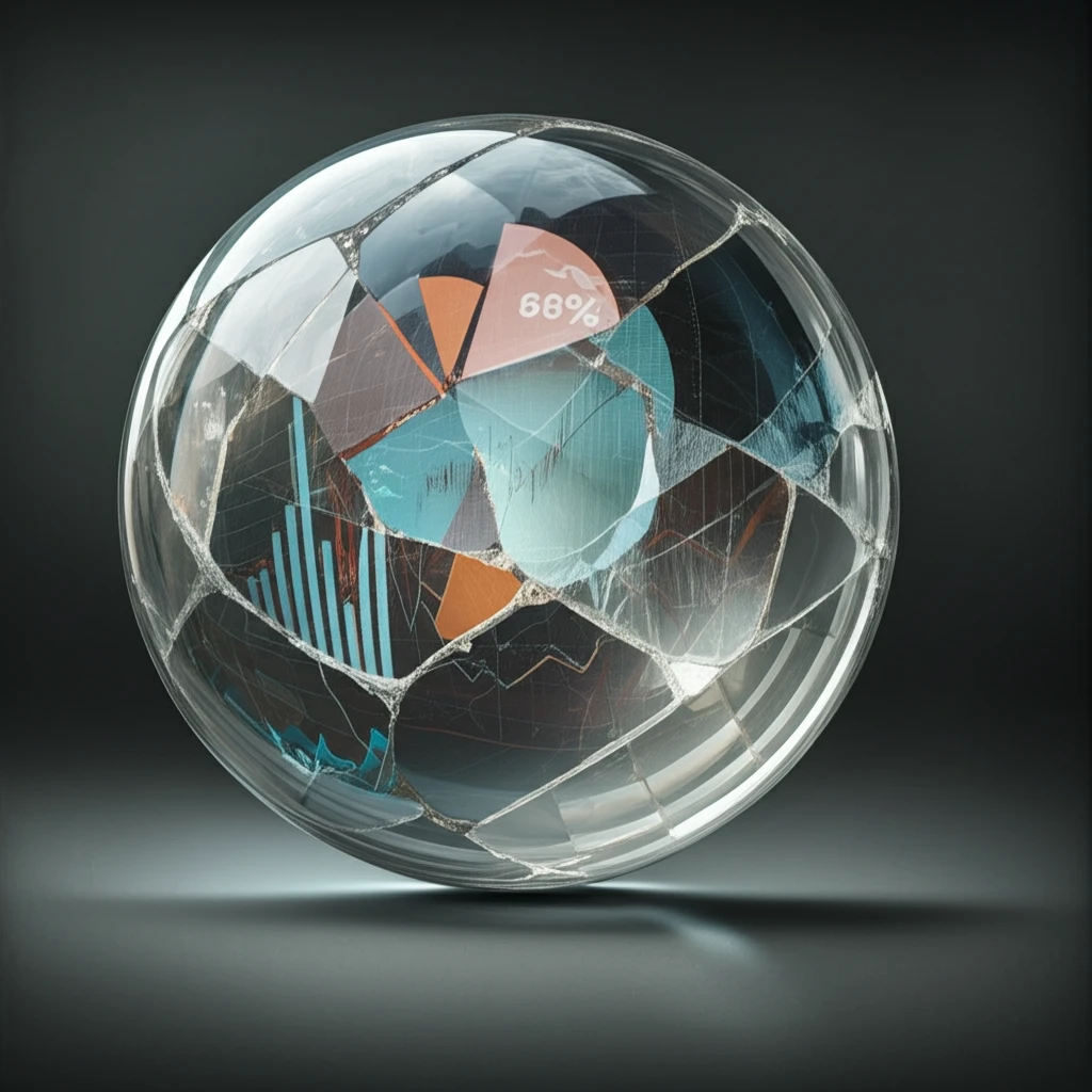 Cracked crystal ball revealing economic charts and graphs, symbolizing predictable errors in forecasting.