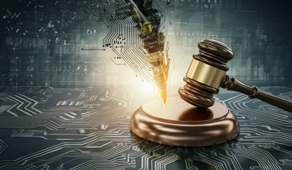 A gavel striking a circuit board, symbolizing the intersection of auctions and technology.
