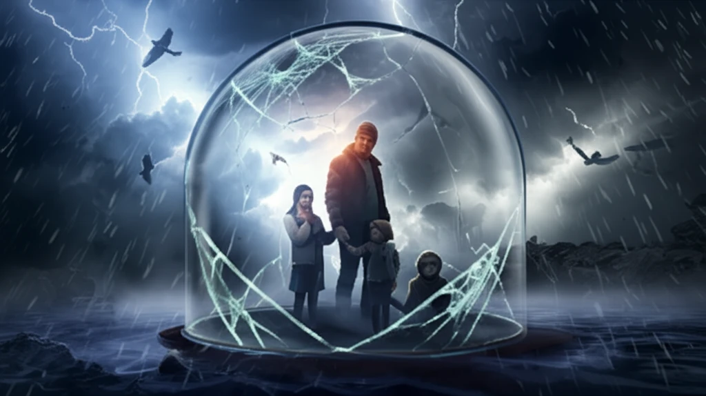 A family trapped inside a fragile dome representing their vulnerability to climate change.