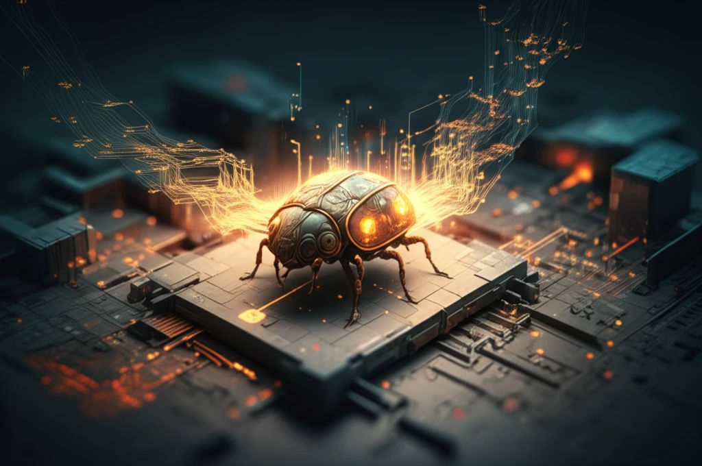 Digital illustration of an artificial bug within a computer system.