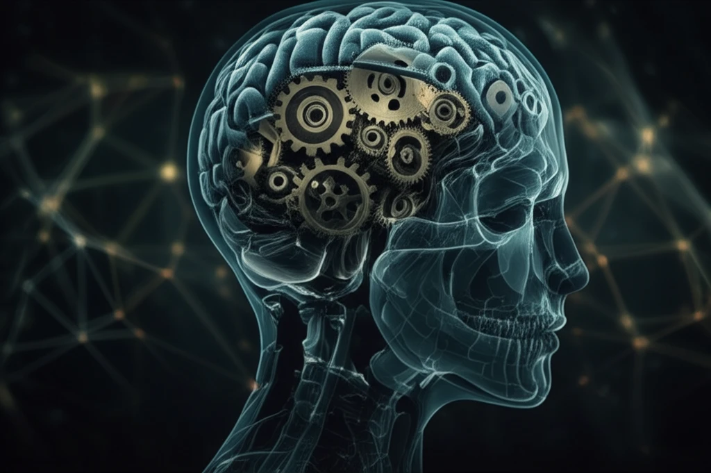 Gears representing rational and irrational thoughts within a brain.