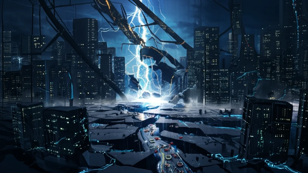 Resilient cityscape at night during an earthquake.