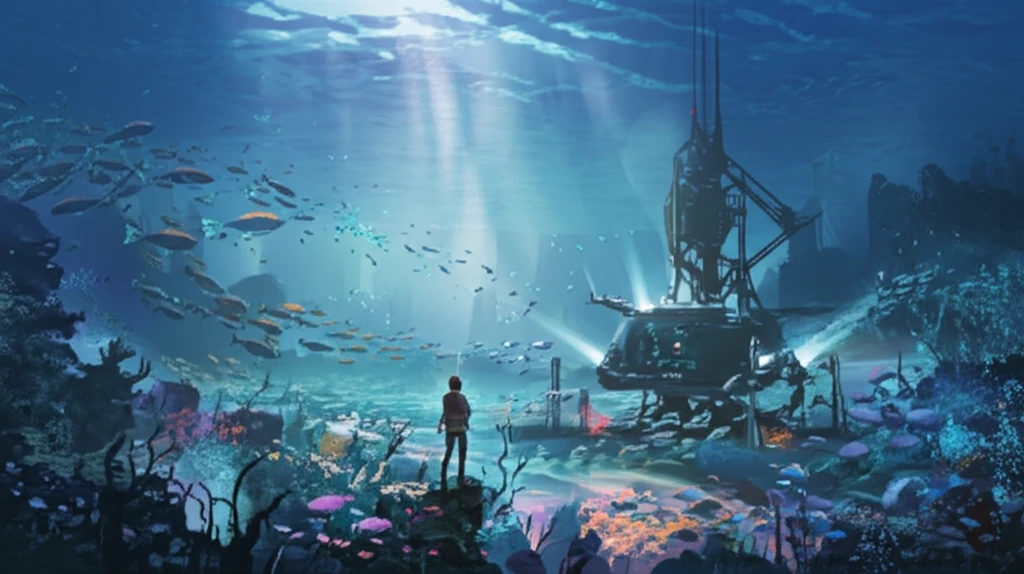 AI-powered research station scans schools of fish in a coral reef.