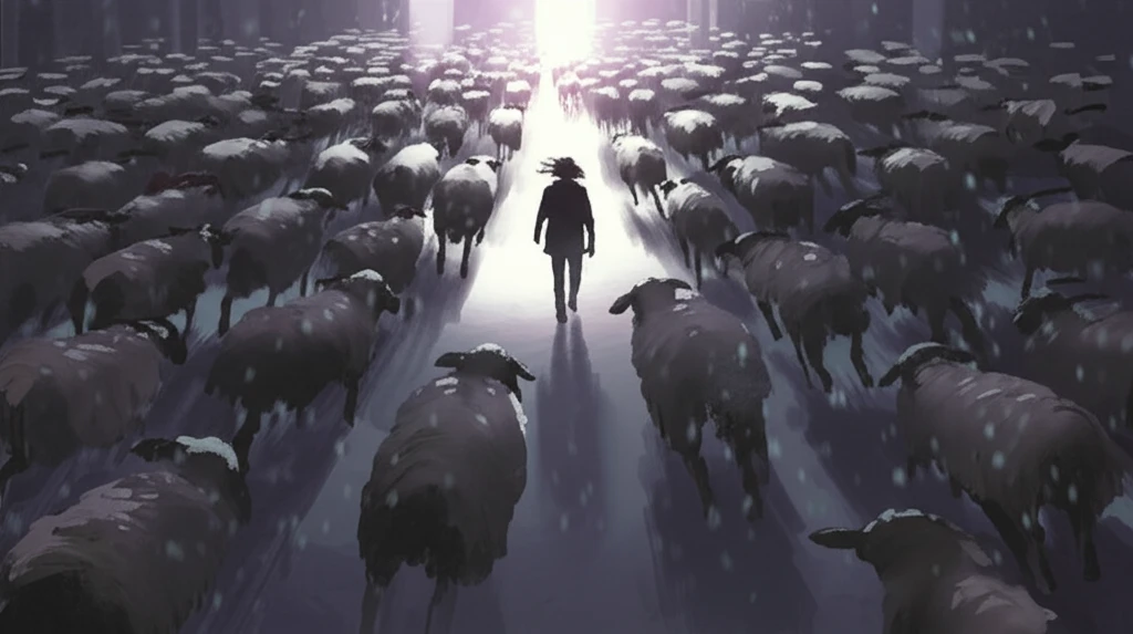 Individual breaking free from the herd mentality.