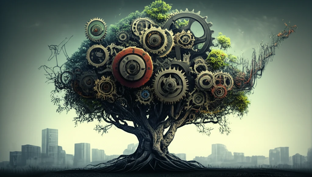 Gears transforming into a flourishing tree, symbolizing R&D leading to financial growth.
