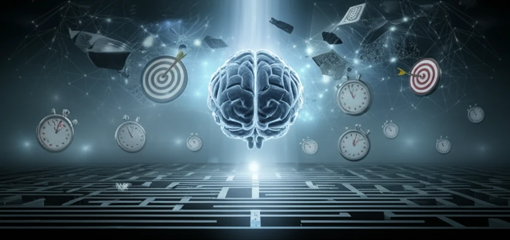 Brain navigating a complex maze, symbolizing the balance between speed and accuracy in decision-making.