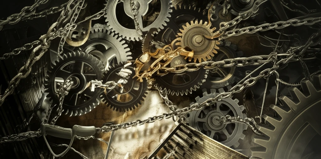 Interconnected gears, some broken, symbolizing systemic discrimination.