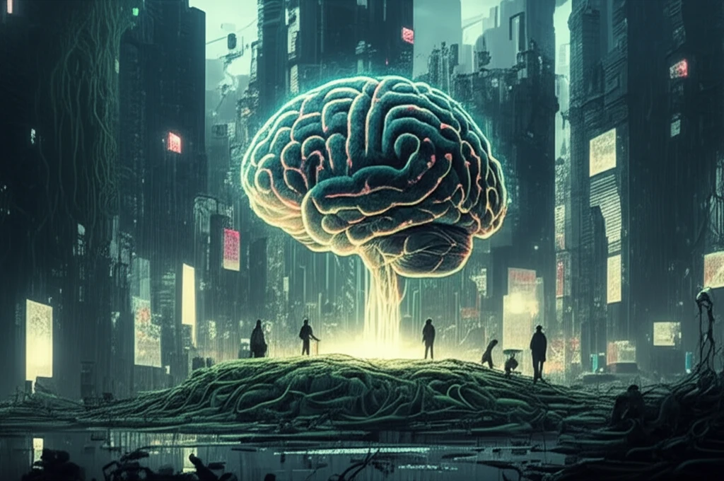 AI-powered cityscape: An AI brain oversees a futuristic city where data and algorithms drive economic growth and policy.