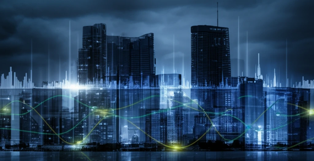 Evolving cityscape representing economic data and evolutionary spectra.
