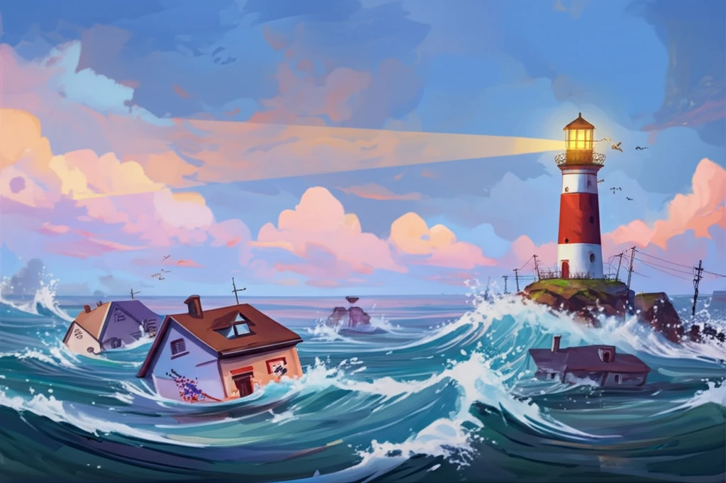 Surreal illustration of inflation affecting homes and businesses, with a lighthouse representing economic stability.