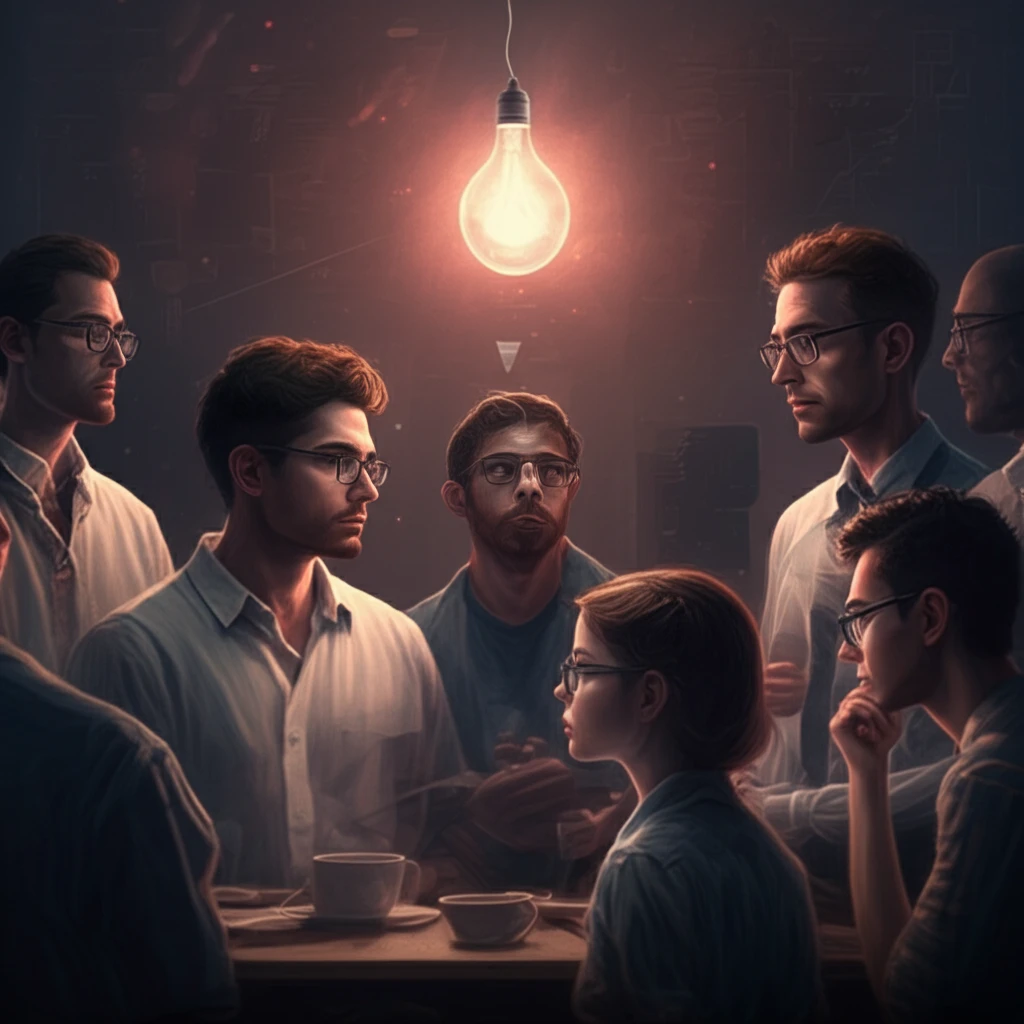 A diverse group of people collaboratively brainstorming with a glowing lightbulb.