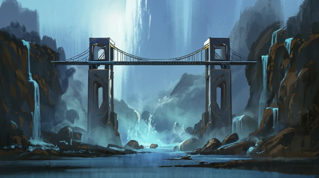 Surreal illustration of a glass bridge supported by stone pillars.