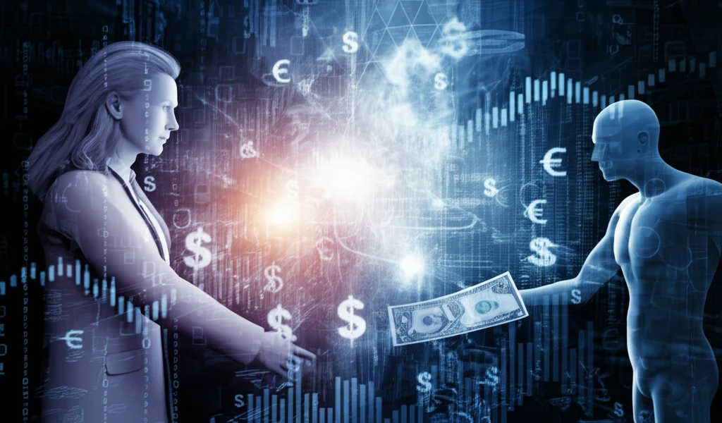 Overlapping generations exchanging money and assets, symbolizing financial interactions.