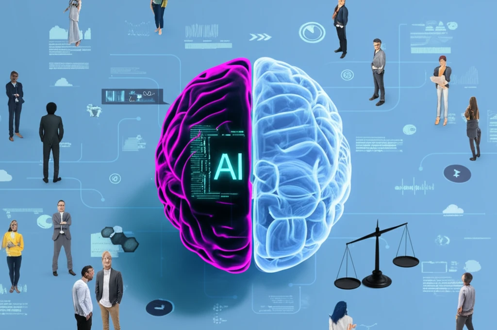 AI brain showing biased scale, symbolizing AI bias in hiring.