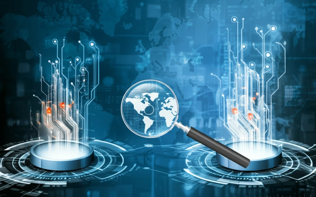 Data streams flowing between silos being unlocked by a magnifying glass.