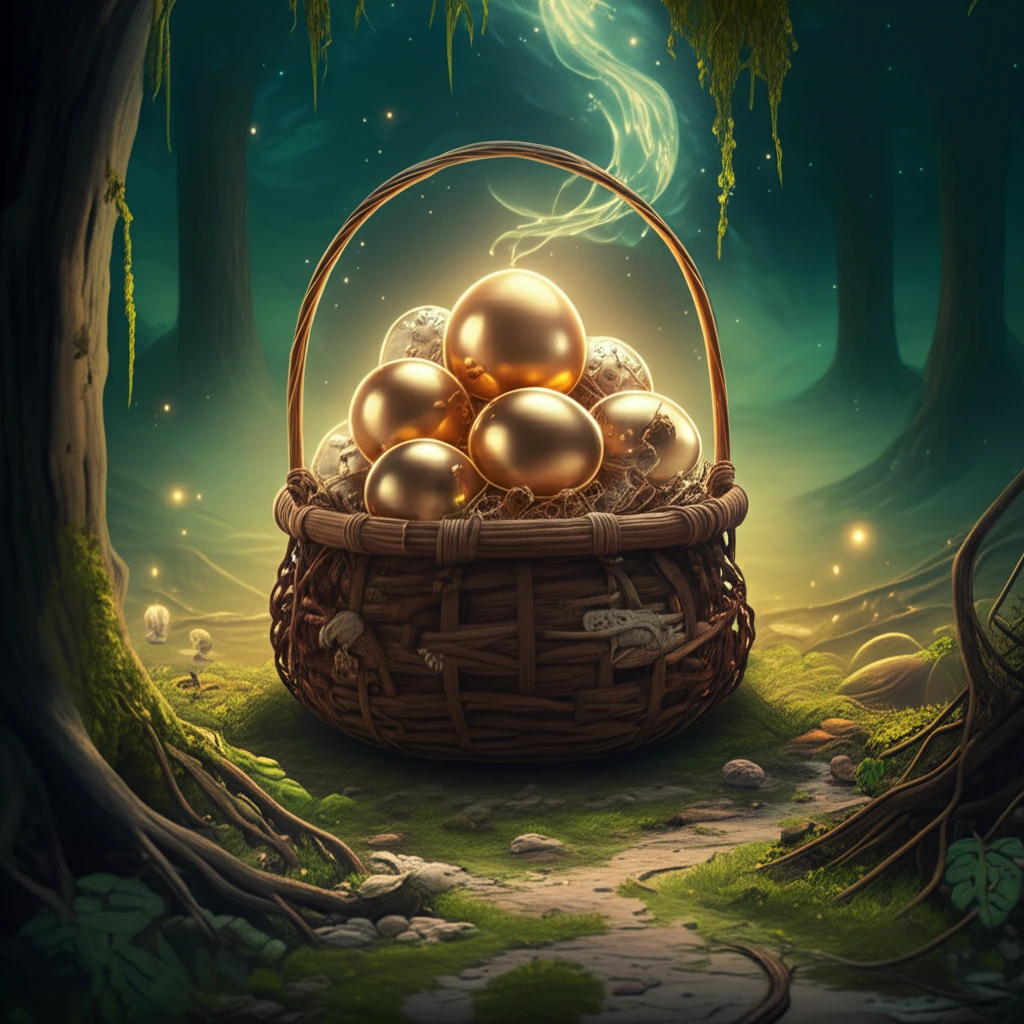 Golden eggs in a intricately woven basket.