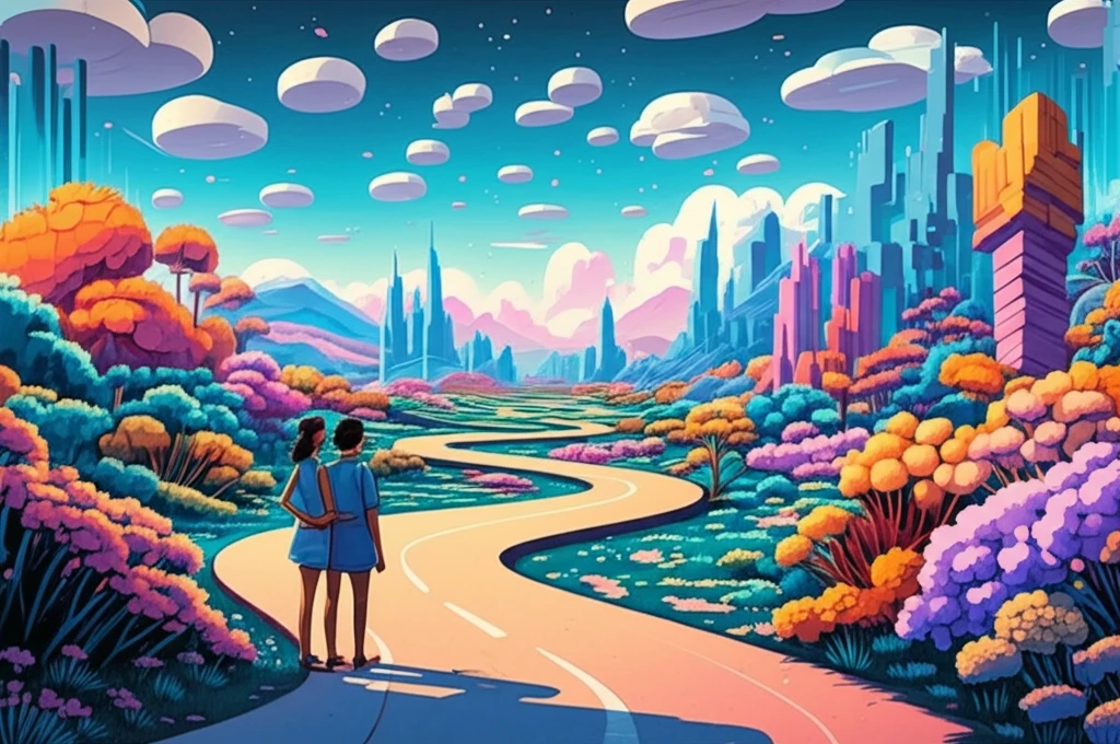Winding road leading from a regular cityscape into a surreal landscape, representing statistical model selection.