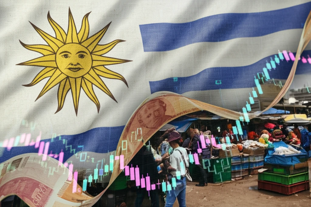 Uruguayan currency flowing into a market, symbolizing economic exchange.