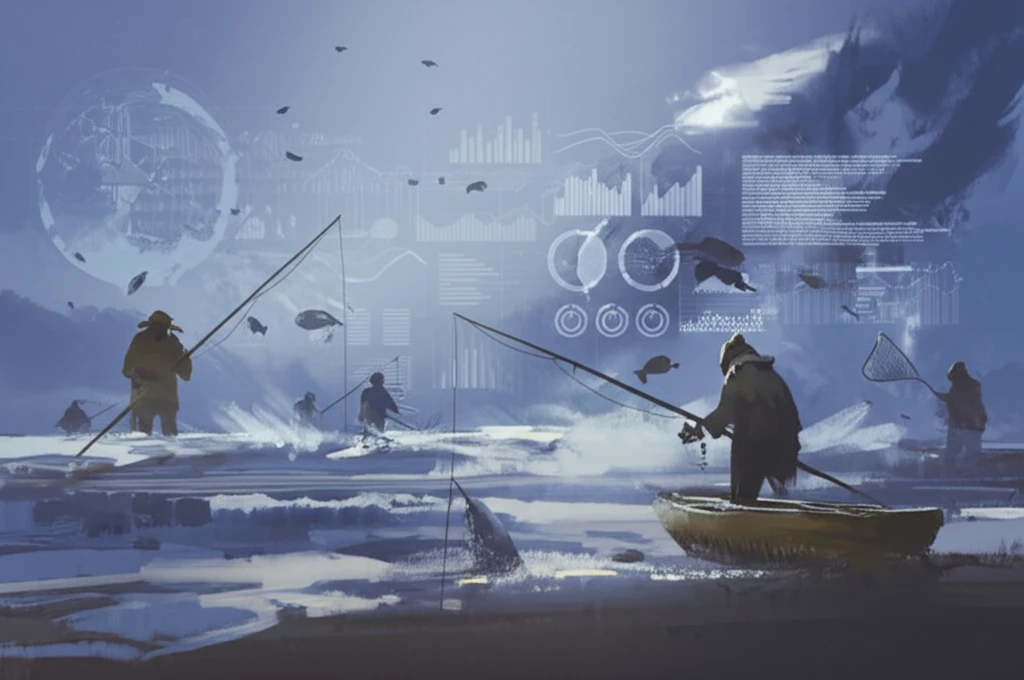 Surreal illustration of researchers fishing in a sea of data, using various methods to filter out noise and find true insights.