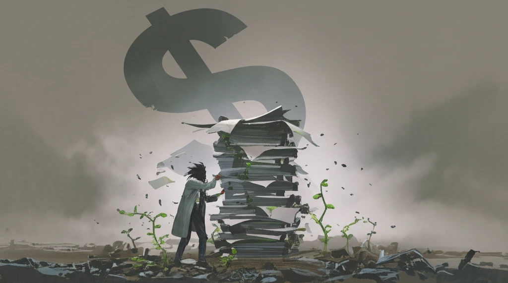 Illustration of a scientist struggling under the weight of research funding pressures.