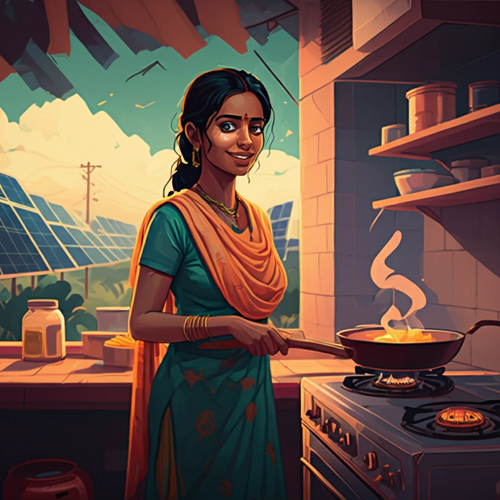 Rural Indian woman cooking with LPG, symbolizing clean energy transition.